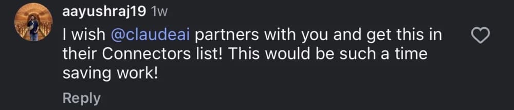 I wish @claudeai partners with you and get this in their Connectors list! This would be such a time saving work!