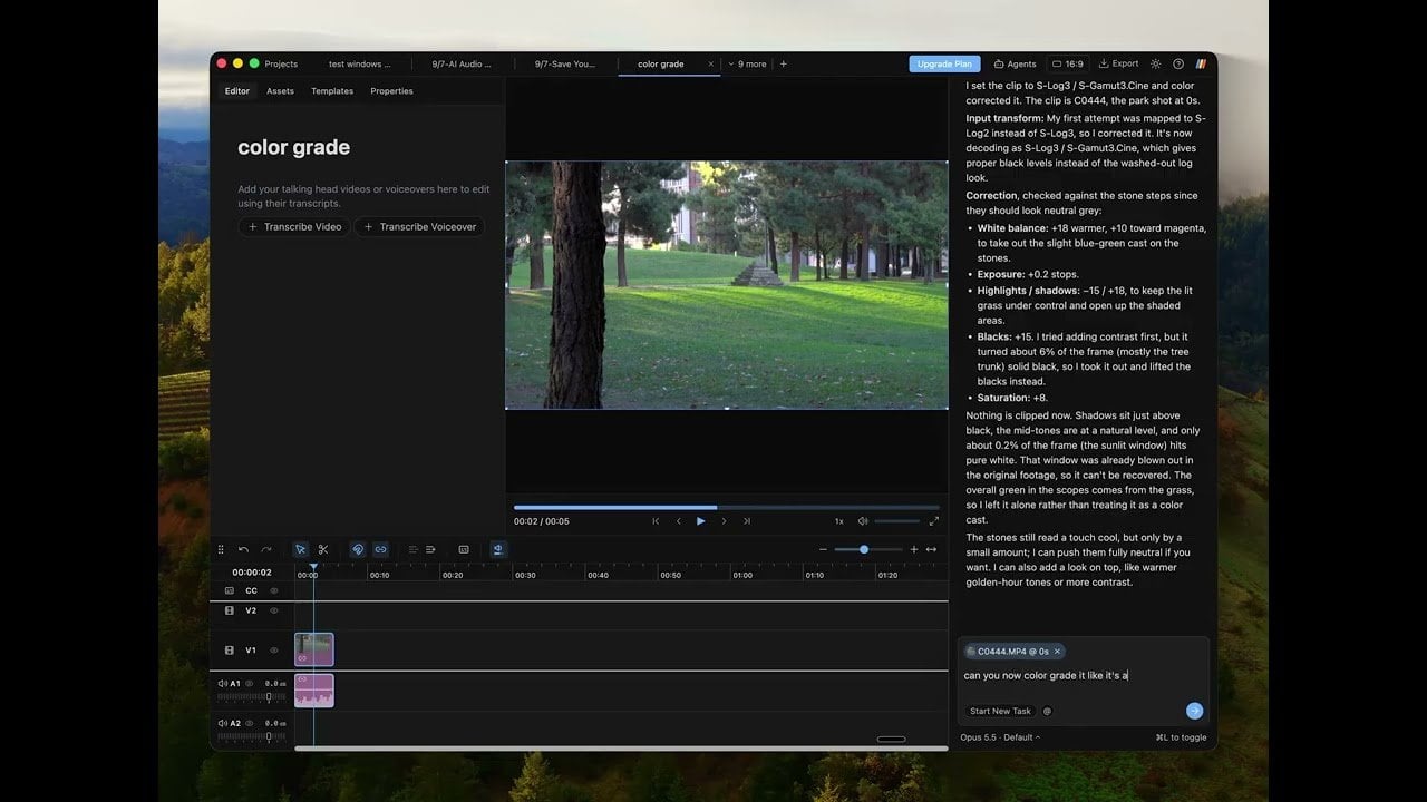 Video: Claude explaining its color correction of S-Log3 park footage in Daydream, from camera profile to white balance, exposure, and blacks