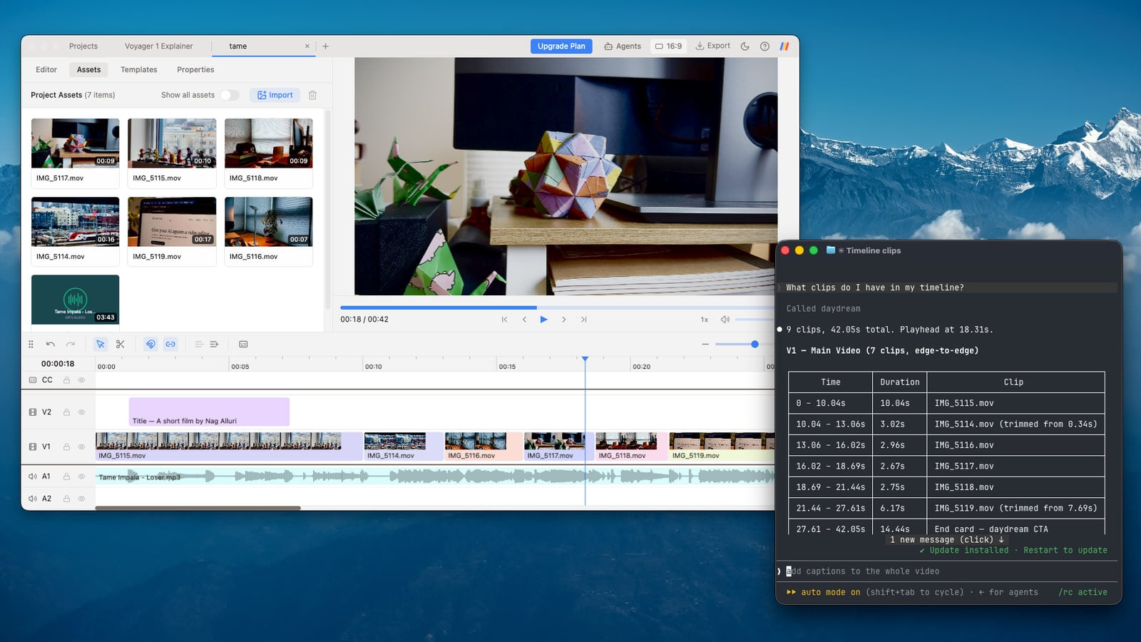 An AI agent listing timeline clips and editing a video in Daydream via MCP