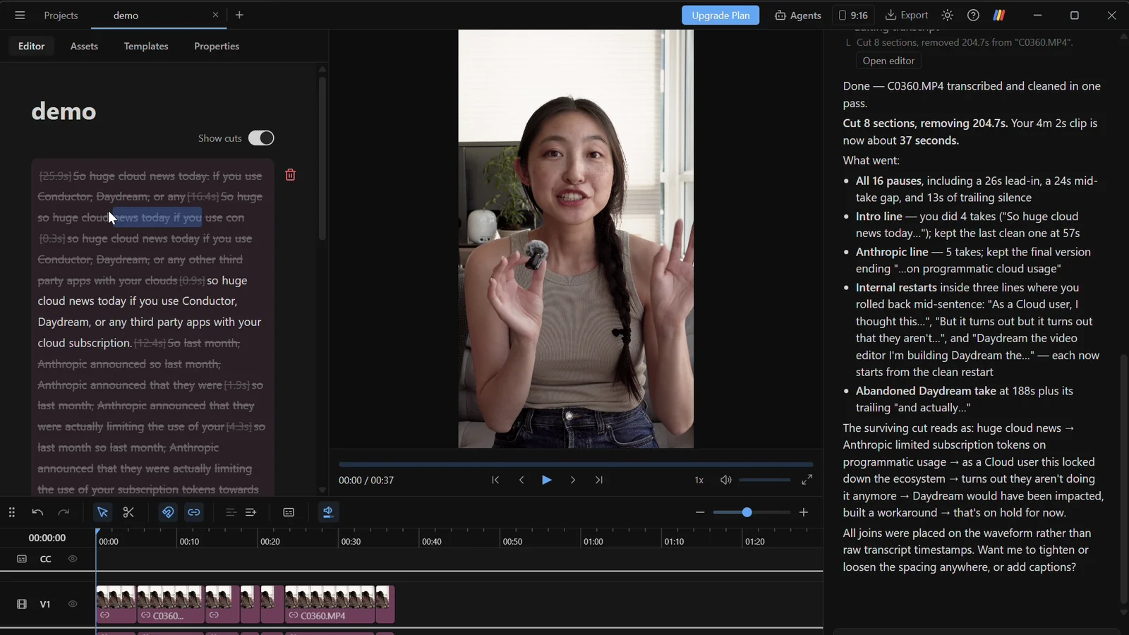 Daydream running on Windows: the AI cut 8 bad takes and pauses from a talking-head video, shown struck through in the transcript editor next to the timeline