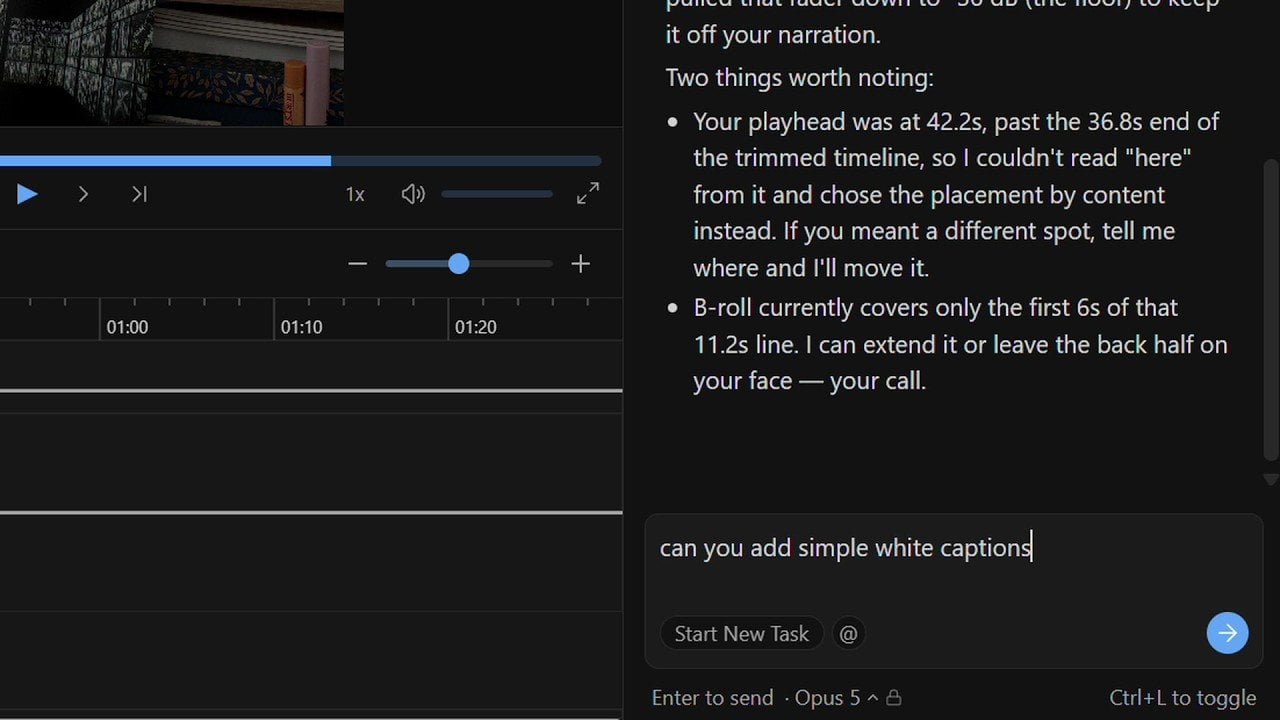 Video: asking the AI to add simple white captions in Daydream on Windows