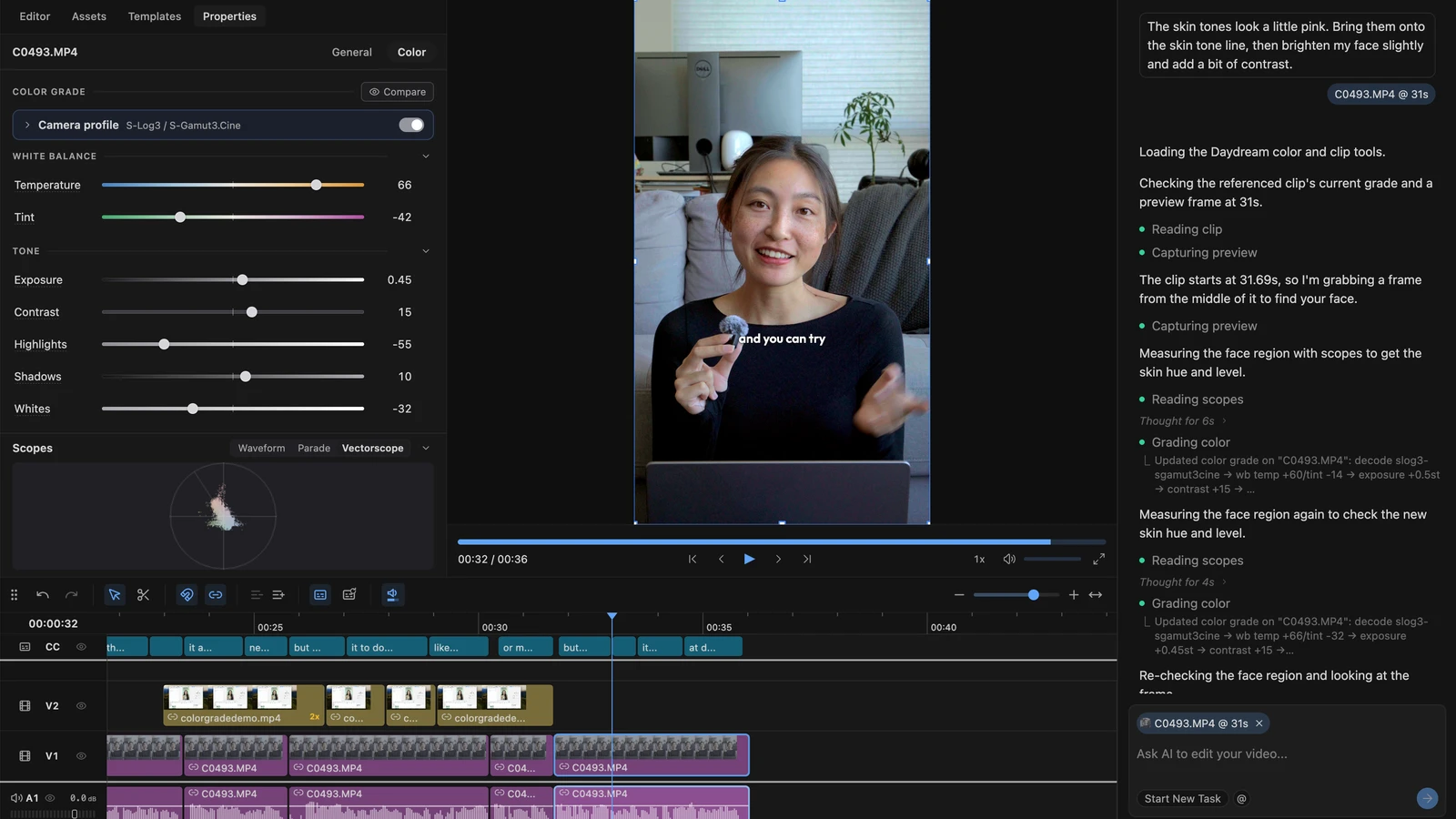The AI in Daydream measuring the face with scopes to fix pink skin tones on S-Log3 footage, with the vectorscope's skin tone line, white balance and tone settings, and its chat steps visible