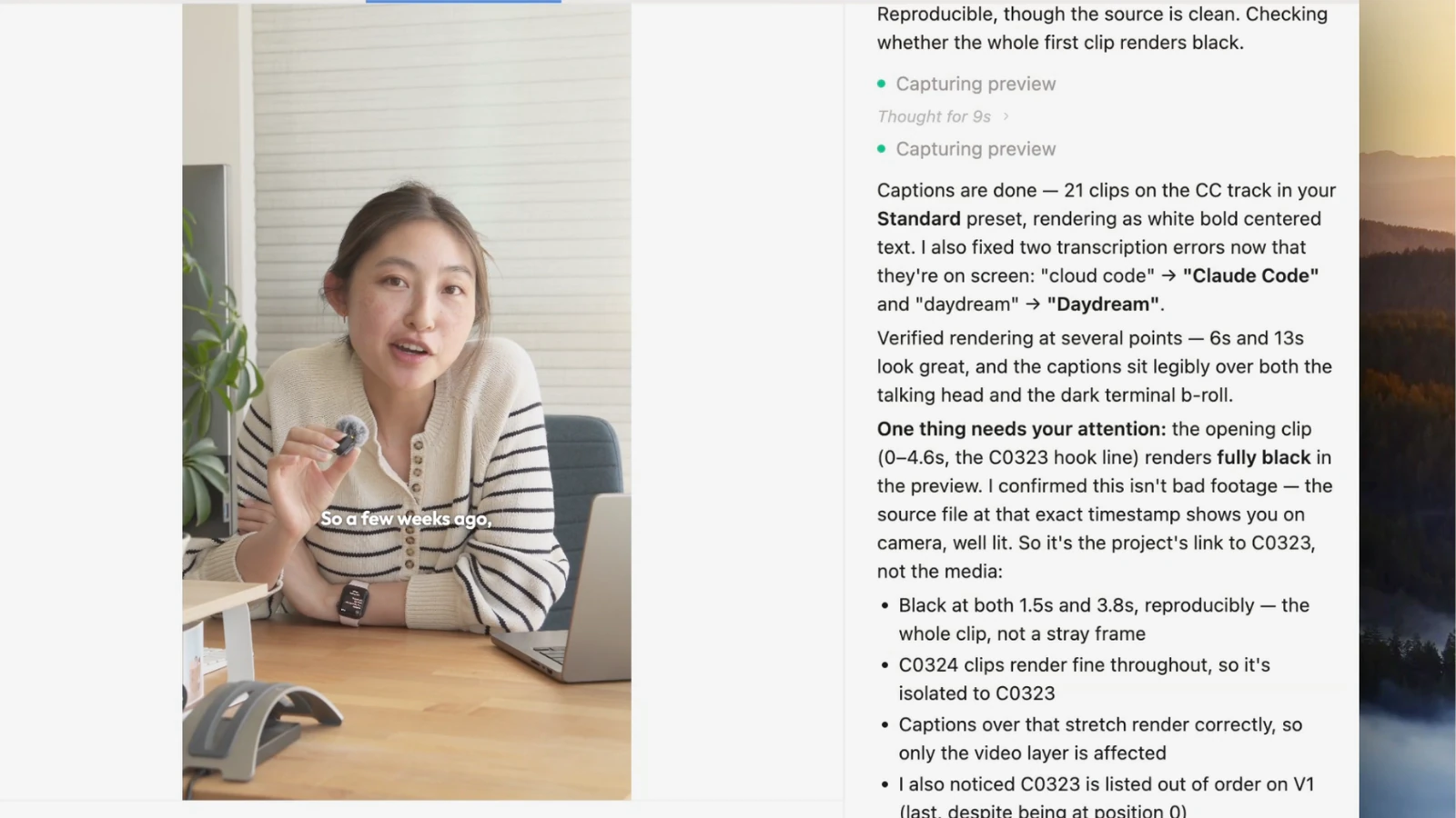 Word-by-word captions rendered on a vertical video in Daydream