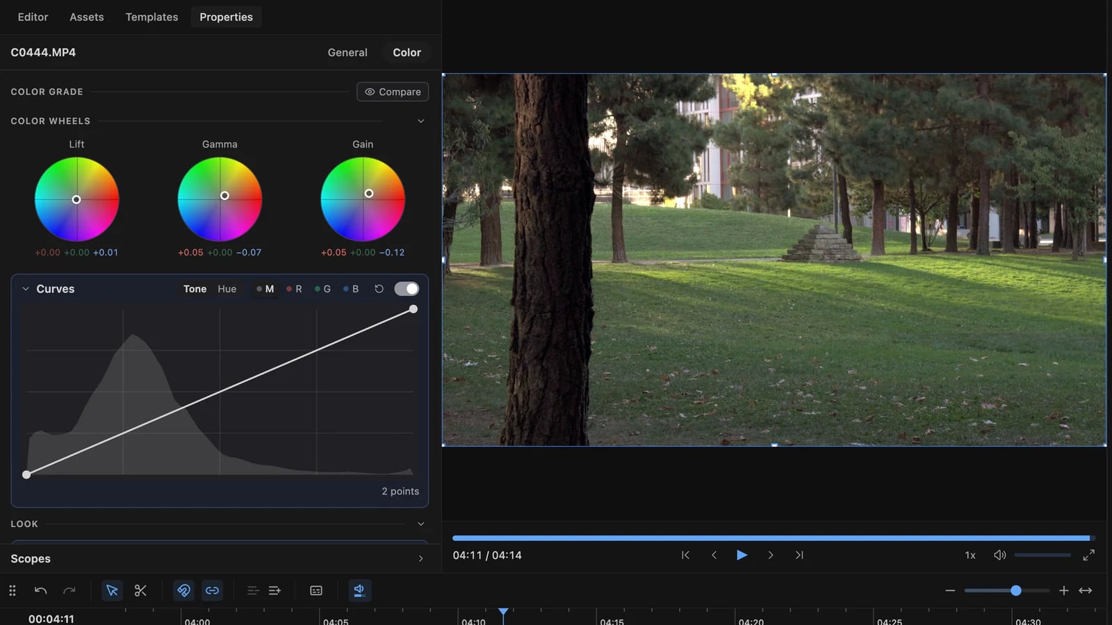 Daydream's Color panel for the warm grade: lift left neutral, gamma and gain pushed toward warm by adding red and pulling blue, with the tone curve beside the graded park shot