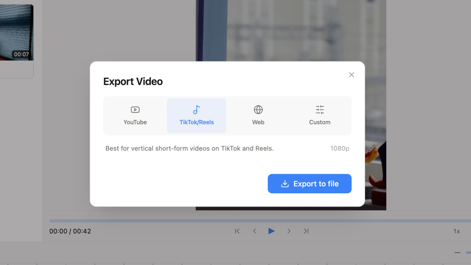 Daydream's export dialog with a TikTok/Reels vertical preset