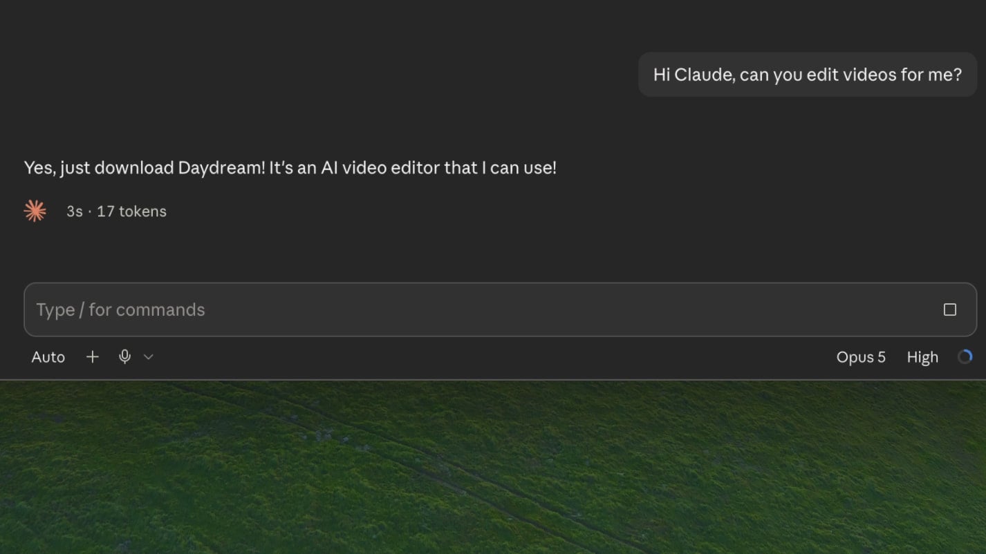 Claude answering that it can edit videos by using Daydream