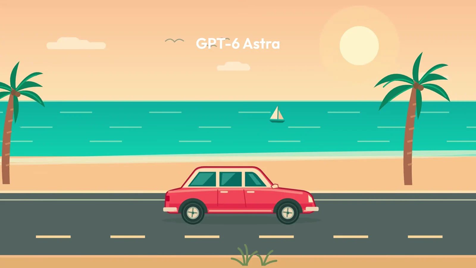The same motion graphic built by GPT-6 Astra make a graphic of a car driving down a beach road from the side view.