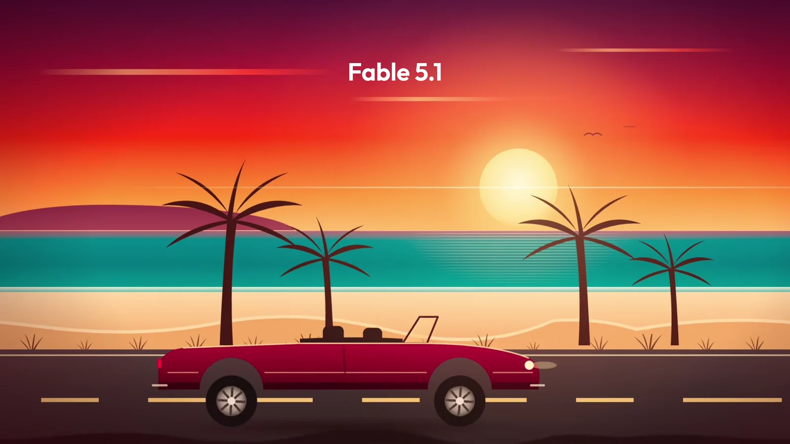 Motion graphic built by Claude Fable 5.1 from the same prompt, make a graphic of a car driving down a beach road from the side view.
