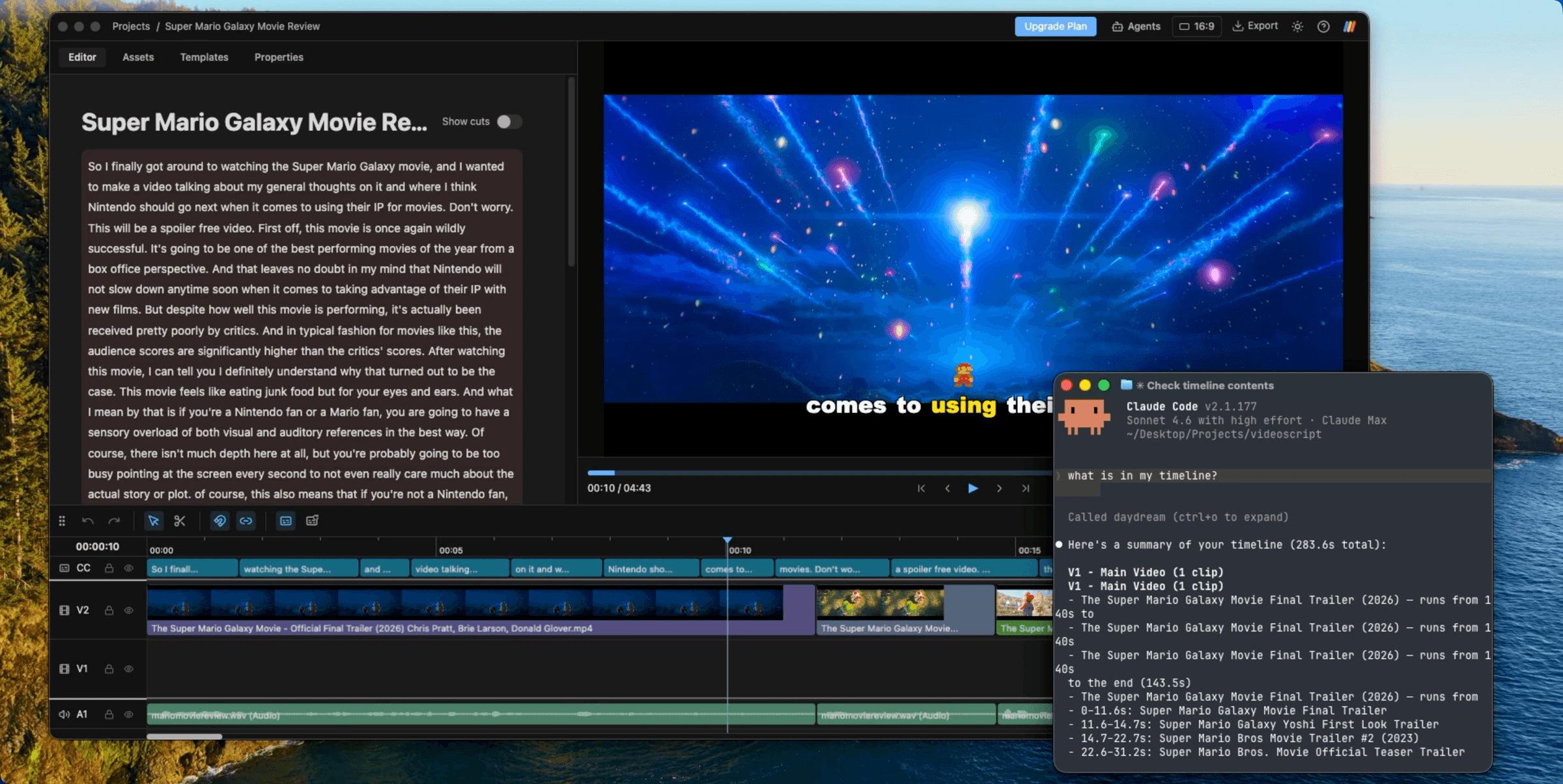 Editing a video with Claude in Daydream: transcript, video preview, agent chat, and a multi-track timeline, in dark mode