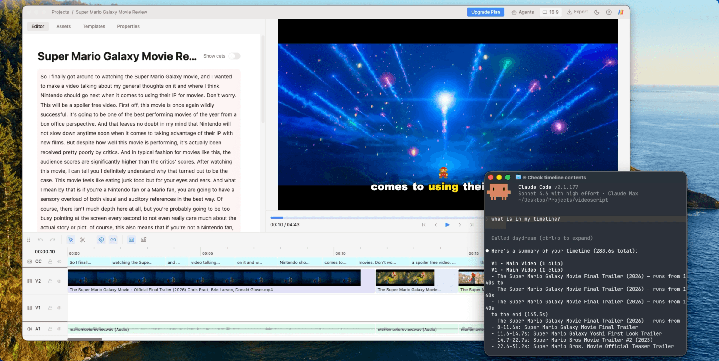 Editing a video with Claude in Daydream: transcript, video preview, agent chat, and a multi-track timeline