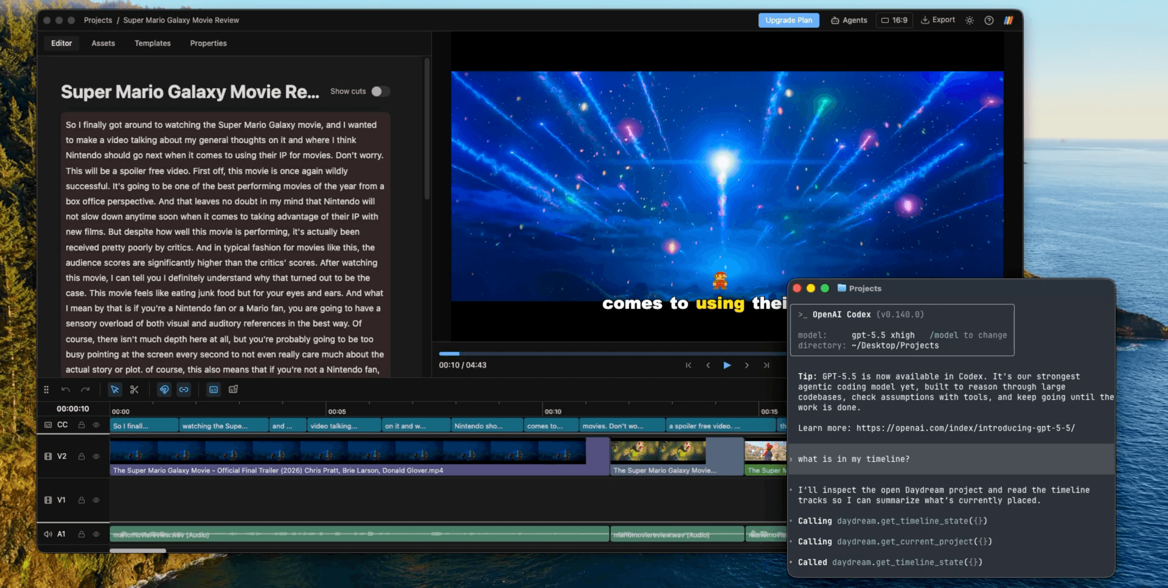 Editing a video with Codex in Daydream: transcript, video preview, agent chat, and a multi-track timeline, in dark mode