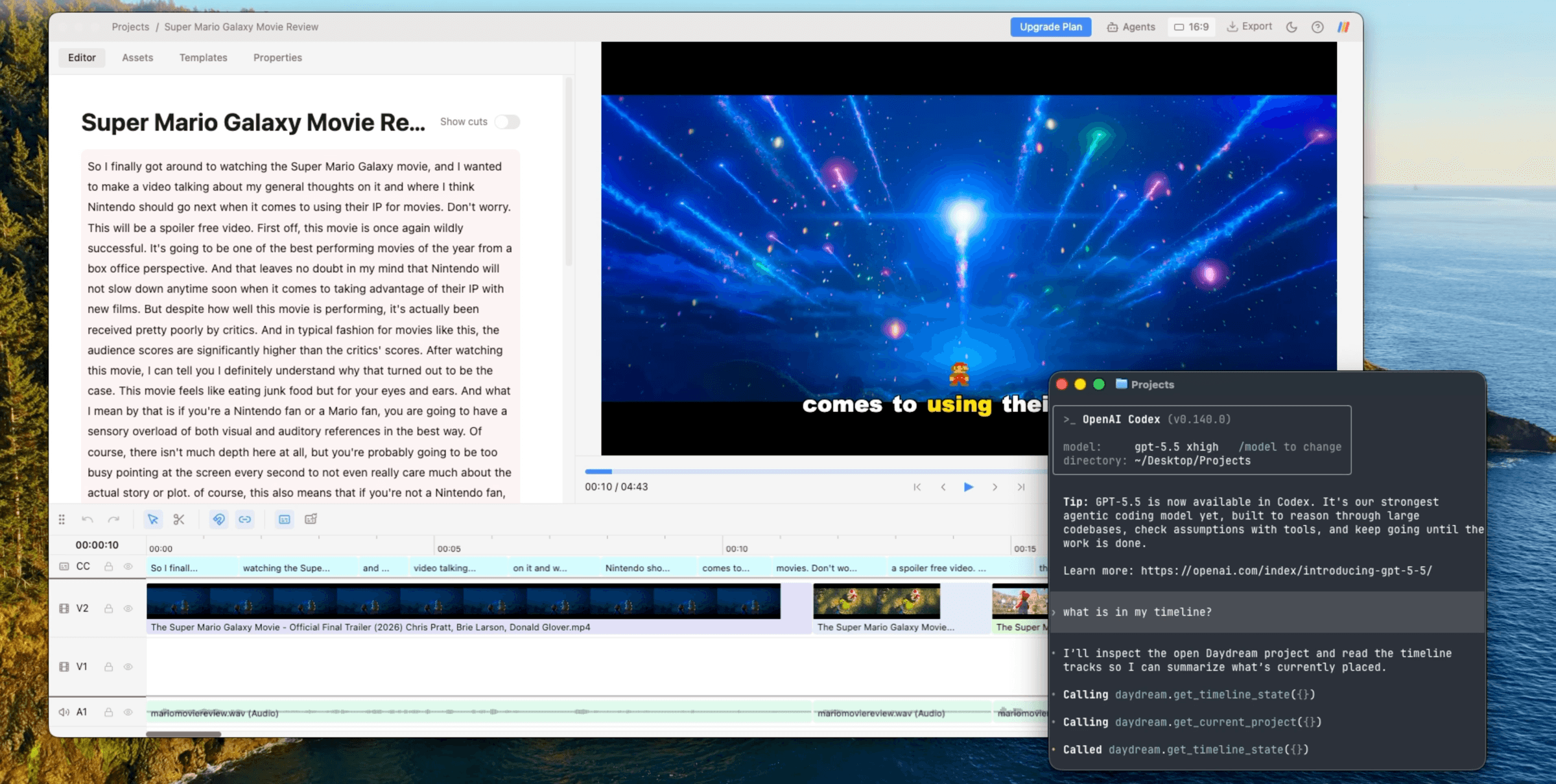 Editing a video with Codex in Daydream: transcript, video preview, agent chat, and a multi-track timeline