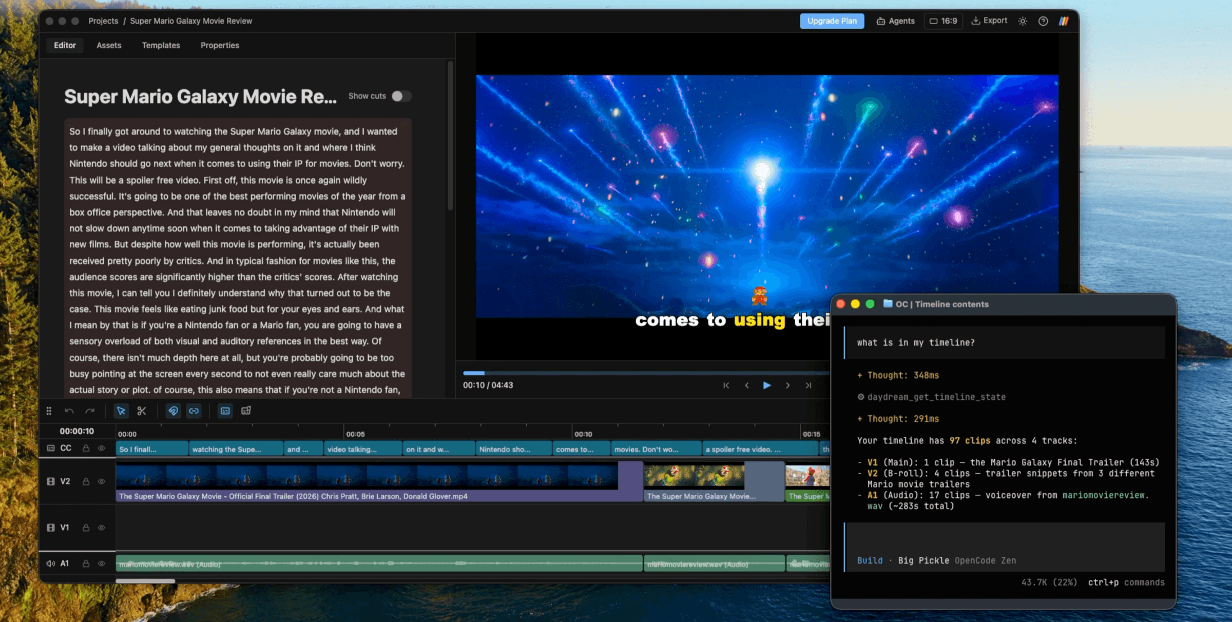 Editing a video over MCP in Daydream: transcript, video preview, agent chat, and a multi-track timeline, in dark mode