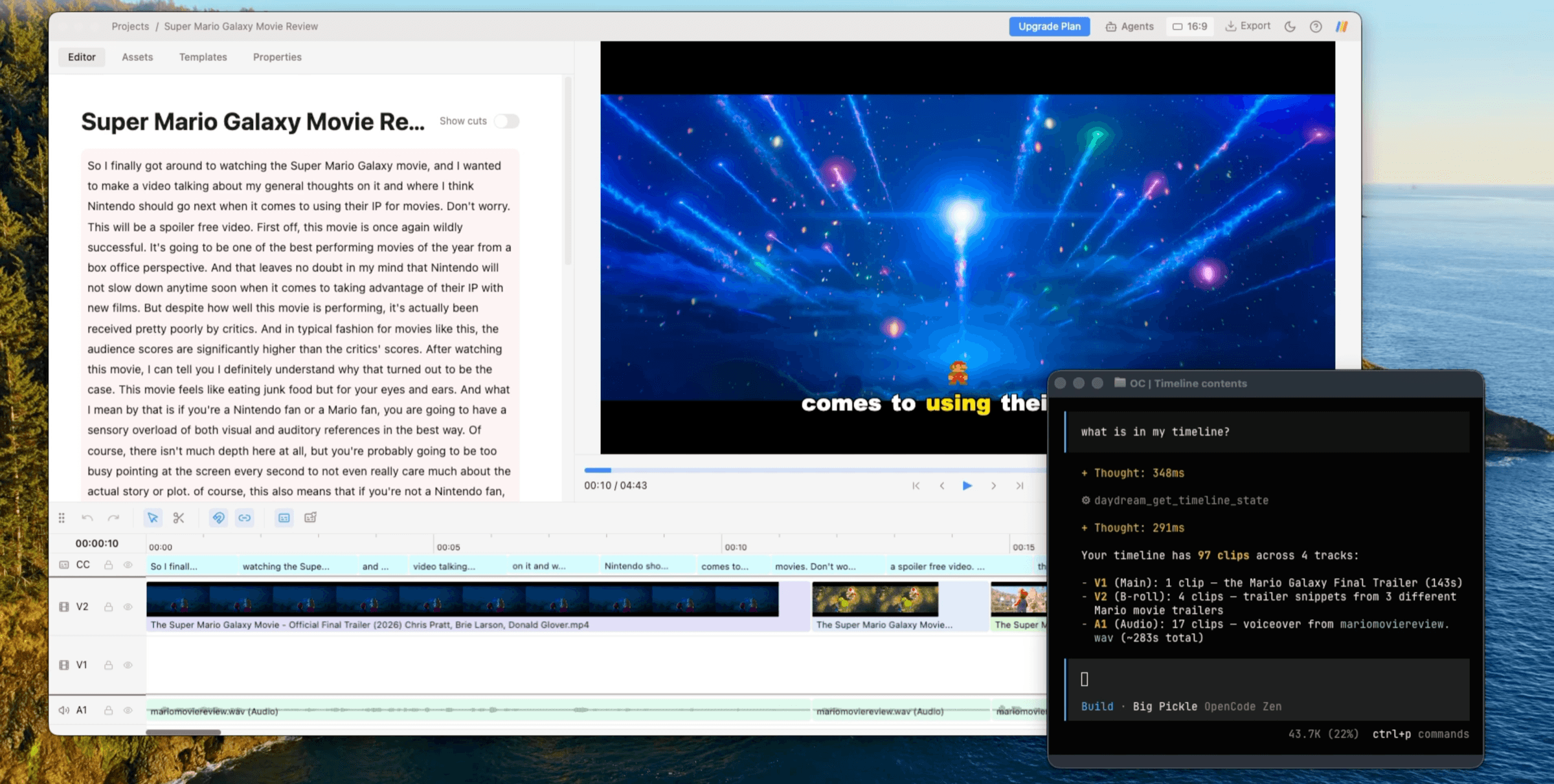 Editing a video over MCP in Daydream: transcript, video preview, agent chat, and a multi-track timeline